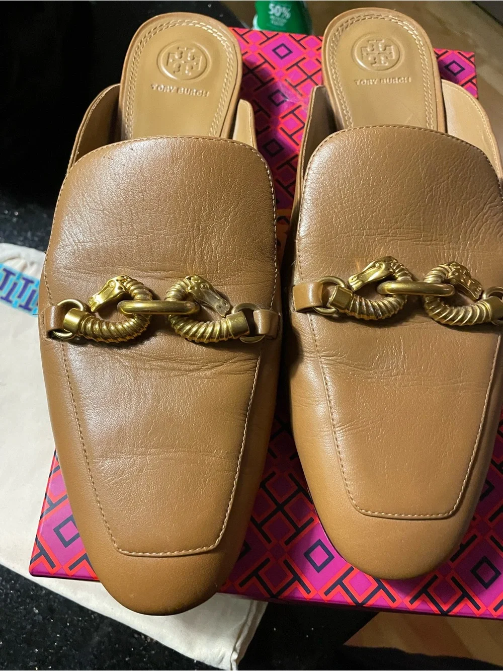 Tory Burch Tan Leather Slip-On Mules with Gold Chain - Picture 3 of 10